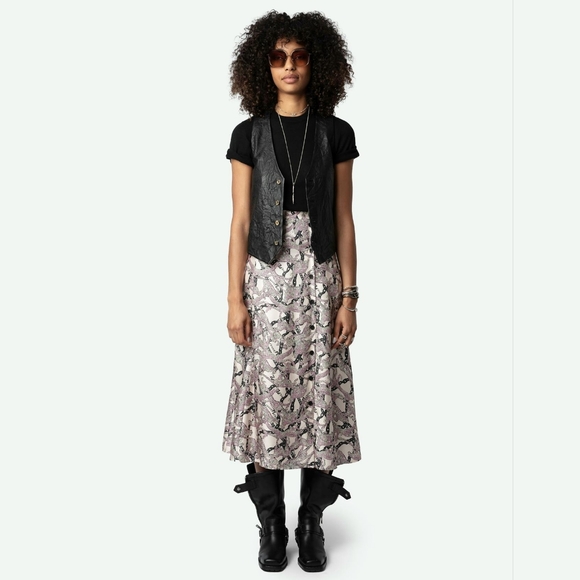 Leapord Print Silk Midi Skirt in Light Pink